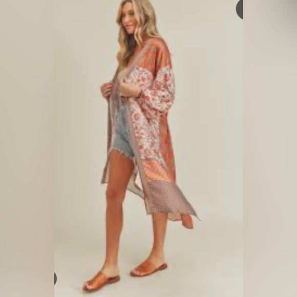 Lush Women's Floral Border Print Satin Long Open Kimono/Duster, Size L - Picture 2 of 8